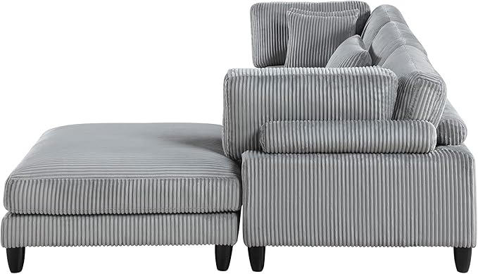Lexicon 120 Inch Modular Sectional Sofa - Oversized 4 Seater Corduroy L Shaped Sectional Couch with Ottoman, 5 Accent Pillows, and Flexible Arrangement for Modern Living Rooms, Gray