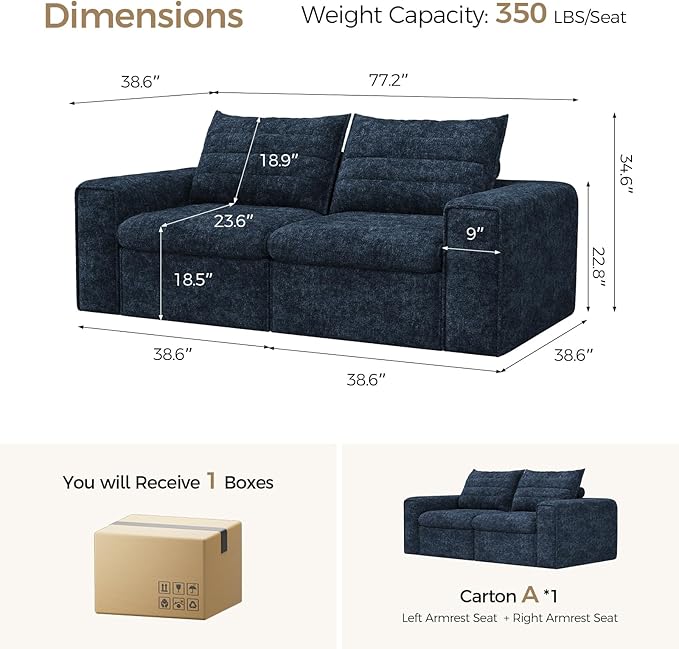 77" Cloud Loveseat Sofa, Deep Seat Couch with Pillows, Modern Comfortable Upholstery Boneless Sofa, 1 piece for Living Room, Bedroom, Apartment, Removable Cover，No Assembly Required, Aqua Blue