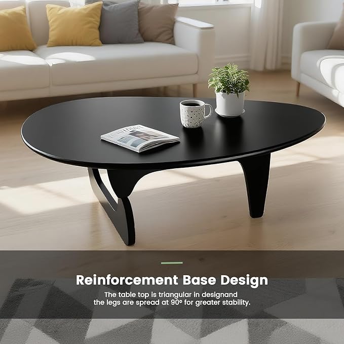 Solid Wooden Modern Triangle Coffee Table: Unique Funky Coffee Tables for Living Room, Oval Mid-Century Irregular Abstract Tea Tables for Patio Office Balcony Bedroom (Black, 43" L x 31" W x 16" H)