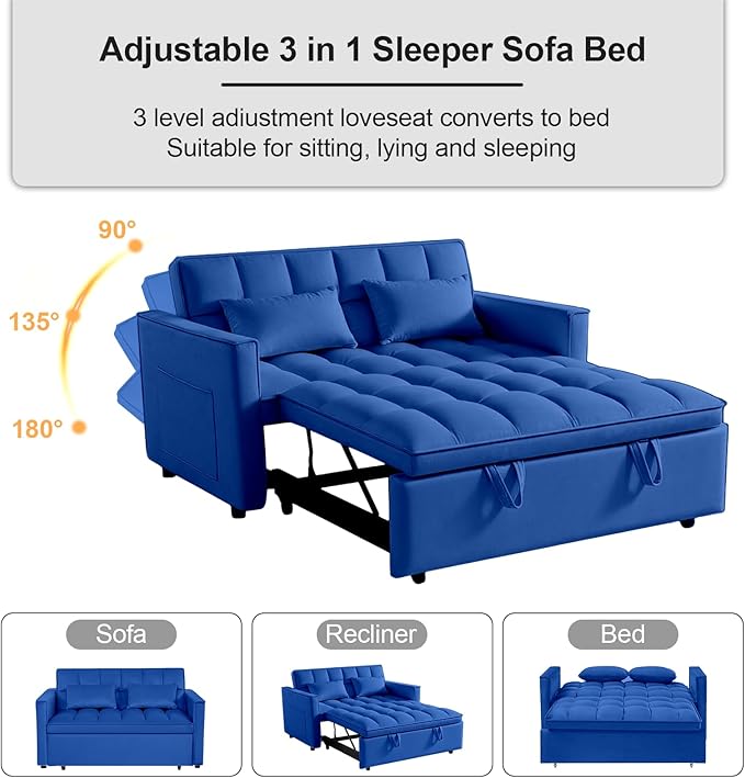 3 in 1 Pull Out Sofa Bed, 54" Sleeper Sofa Bed with 3-Level Adjustable Backrest, Velvet Fabric Loveseat Sleeper Couch for Living Room & Bedroom & Apartment & Dorm Furniture, Blue