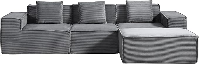 Rowan Convertible Corduroy Sectional Couch with Ottoman & Pillows, Modular L Shaped Sleeper Sofa, Boneless Cloud Couch for Living Room Furniture, Dark Grey