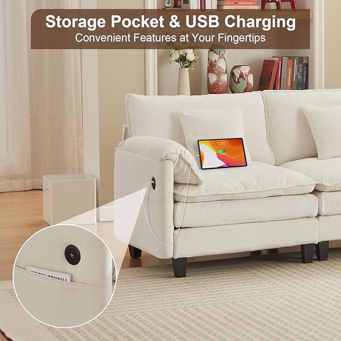 Modular Sectional Sofa, 108” Comfy Cloud Couch with Movable Ottoman | Charging Station | Side Pocket | Throw Pillow, Modern L-Shaped Couches for Living Room, Chenille, Cloud White