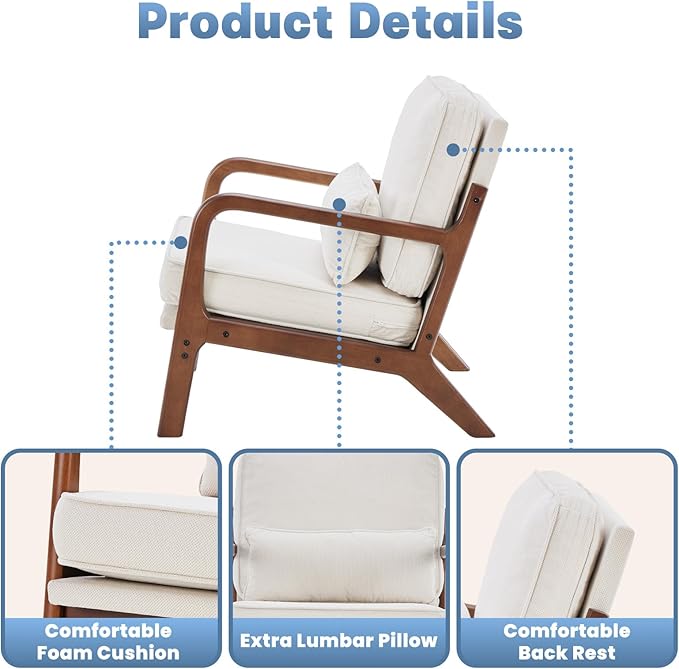 DUMOS Mid Century Modern Chair Set of 2, Accent Chair with Arms and Waist Cushion, Reading Chairs for Adults, Lounge Chair for Living Room and Bedroom, Solid Wooden Frame, Beige