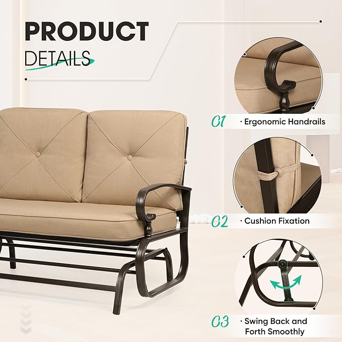 Incbruce 4Pcs Outdoor Metal Furniture Patio Conversation Sets (Glider, Bistro Table, 2 Spring Lounge Chairs) - Wrought Iron Outdoor Glider Chairs Sets (Brown)