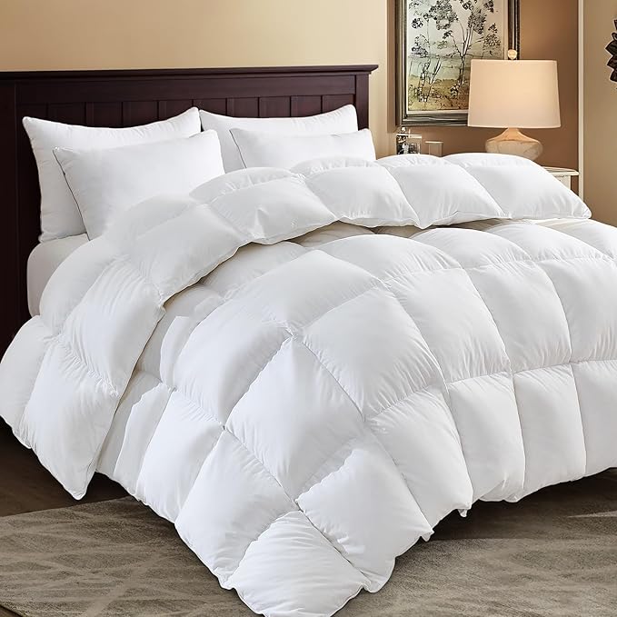 SHOUREN White Luxurious Goose Feather Down Fiber Comforter, All Season Hotel Collection Bed Comforter，Ultra Soft 100% Cotton Duvet Insert with Corner Tabs, Full Size 82"X86"