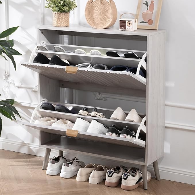 oakvivo Shoe Cabinet with 2 Flip Drawers, Freestanding Shoe Organizer with 4 Wooden feet, Modern Shoes Storage Cabinet for Entryway, Hidden Narrow Shoe Rack Cabinet for Foyer, Hallway, Mudroom, Grey - Image 8