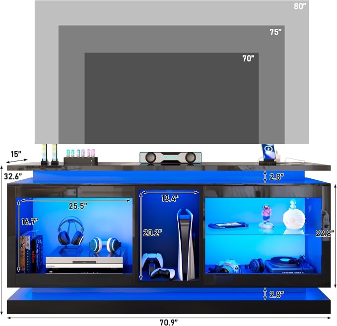 70" TV Stand W/LED Lights&Power Outlets,High Gloss Entertainment Center W/Color-Changing RGB LED Strip/Sound Sync,App/Remote Control For 70 80IN TV,Media Console Table for Home Living Room(Black) - Image 2