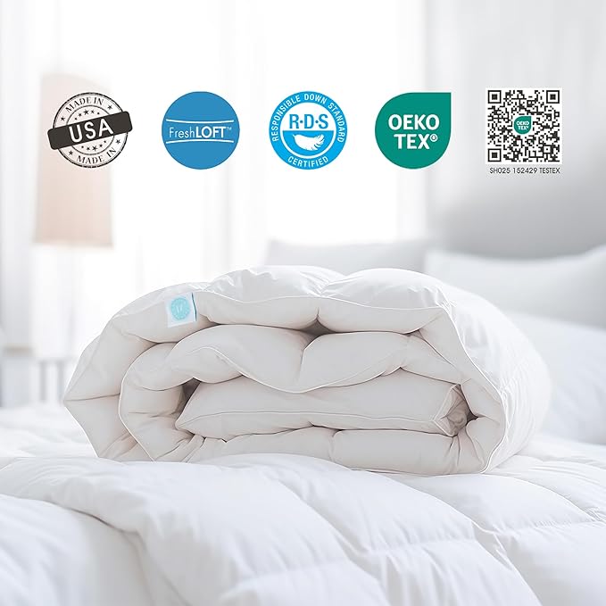 Martha Stewart 650 Fill Power Fluffy White Down Comforter - Light Warmth Down Duvet Insert 300 Thread Count 100% Sateen Cotton Bedding Comforter with Corner Loops Twin Size Made in USA - 68" x 90"