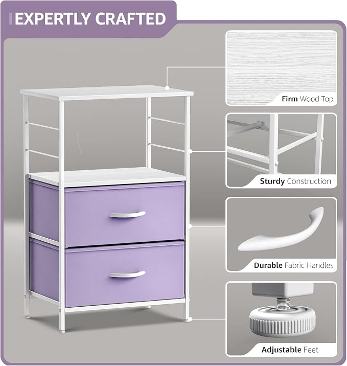 Sorbus 2 Drawer Shelf Storage Nightstand - Kids Bedside Furniture End Table Night Stand with Steel Frame Wood Top & Easy Pull Fabric Bins, Dresser & Chest for Home Bedroom Accessories Office & College - Image 4