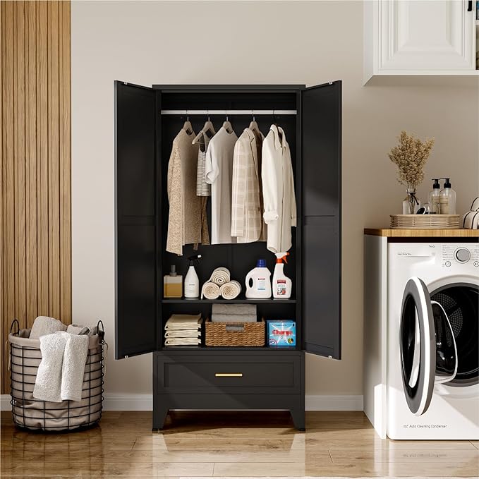 Metal Wardrobe Cabinet, 71" Tall Armoire Wardrobe Closet with Drawer,Hanging Rod and Adjustable Shelf, Farmhouse Clothing Storage Cabinet for Bedroom, Laundry