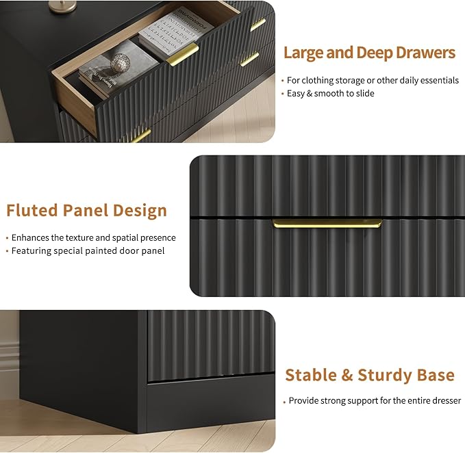 Black Dresser Set of 2, Large Dresser for Bedroom Wooden with 16 Drawers, Fluted Modern Bedroom Furniture Set, TV Stand Dressers & Chests of Drawers for Closet (15.7" D x 110.2" W x 36" H)