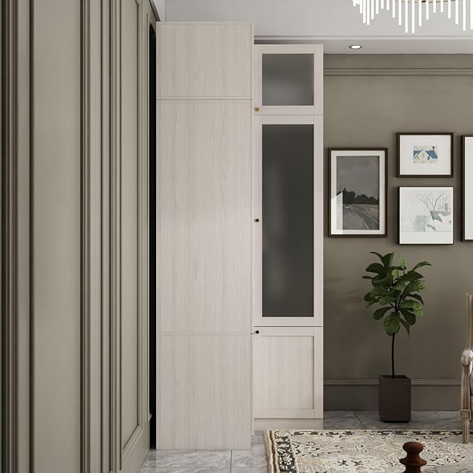 L-Shape Wardrobe Armoire Closet with Hanging Rod & Shelf, Bedroom Armoire with Frosted Glass Doors, Top Cabinets & Gold Knobs, Wood Grain, 35.4”D x 35.4”W x 86.6”H