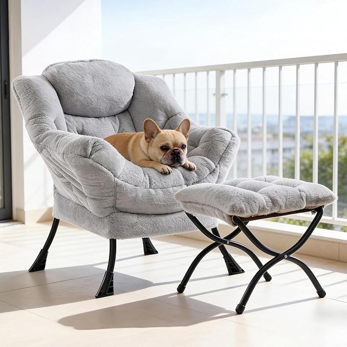 Plush Lazy Chair and Ottoman, Large Light Grey Contemporary Accent Chair with Side Pocket, Modern Leisure Upholstered Reading Armchair with Footrest for Office, Bedroom, Living Room, Balcony