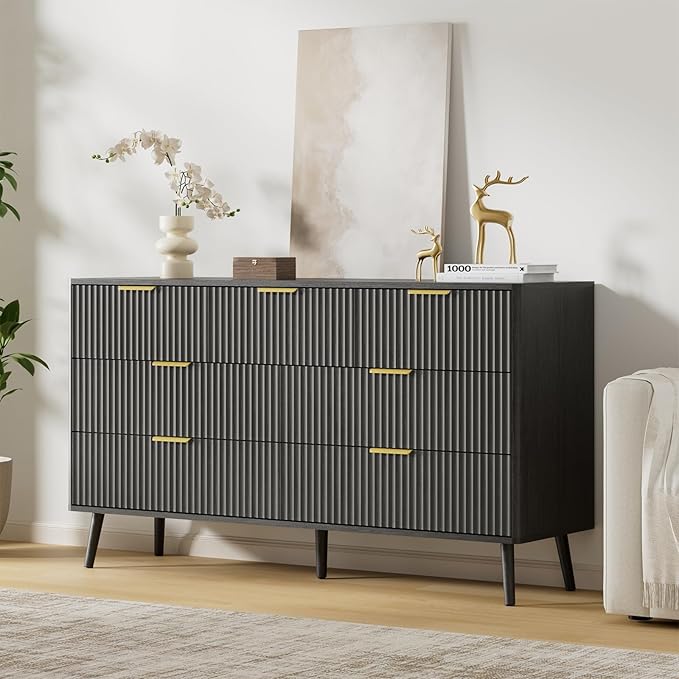 LYNSOM Fluted Dresser and Nightstand Sets 3 Piece, 7-Drawers Dresser and 1-Drawer Nightstands Set of 2, Wood Bedroom Furniture Set for Home, Bedroom, Hallway, Black