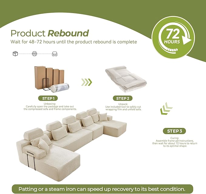 171" U-Shaped Cloud Modular Sectional Sofa with Chaise & Headrest, Boneless Deep Seat Plush Corduroy Couches for Large Living Room, No Assembly Required (White, 171" U-shapred Chaise)