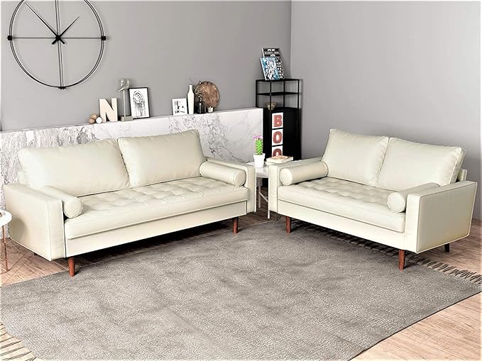 Womble Mid Century Modern Couch with Bolster Pillows, PU Leather Upholstered Tufted Seat, Versatile Retro Design for Comfortable Living Spaces, Loveseat, White