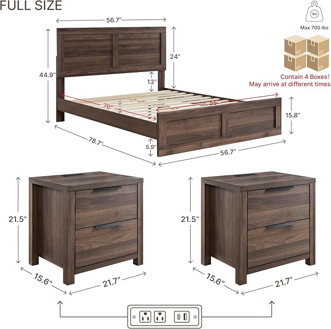 KISLOT 3 Pieces Bedroom Set, Wood Bed Frame with Upholstered Headboard & 2 Nightstands with Storage, Wooden Platform Mattress Foundation Farmhouse Bedroom Furniture Set