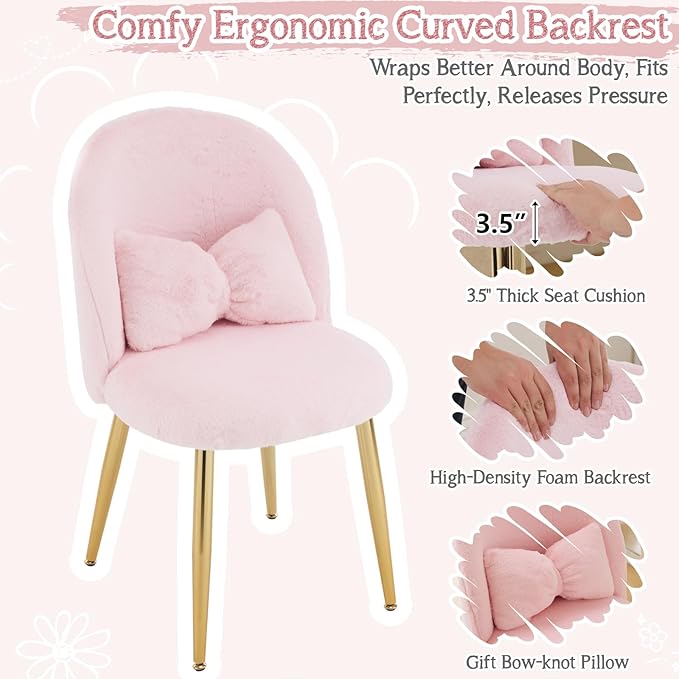 VINGLI Fluffy Girls Vanity Chair with Back & Pillow,Cute Small Cozy Desk Chair No Wheels,Comfy Makeup Ch with Ajustable Gold Legs,for Bedroom,Living Room,Small Space,Pink