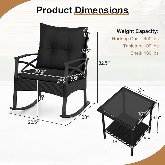 Tangkula 3 Pieces Outdoor Rocking Chairs Set, Rattan Heavy Duty Cushioned Rocker Chairs with 2-Tier Tempered Glass Coffee Table, for Garden, Balcony, Backyard (Black+Gray) - Image 6