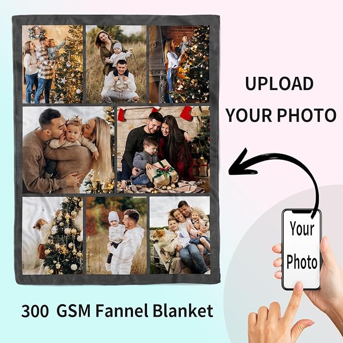 ROMANDY Ships Next Day Custom Blanket with Picture Customized Banket Personalized Throw Blankets Customizable Photo Blankets Customize Gift for Her Him Mom Dad Wife Husband Girlfriend Boyfriend