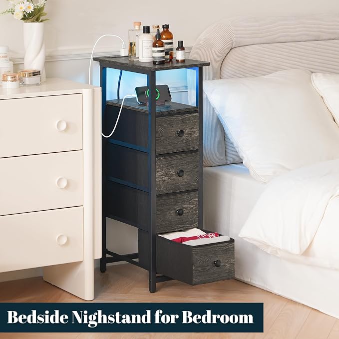 Yoobure LED Narrow Nightstand with Charging Station - Slim Dresser for Bedroom Narrow Side Table Storage Cabinet, Small Dressers Chest of Drawers, Tall Skinny Night Stand End Table for Small Spaces - Image 8