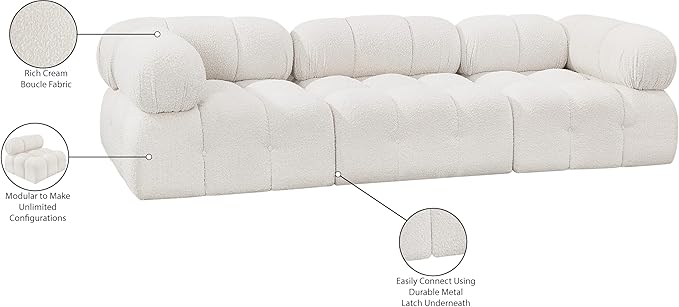 Meridian Furniture 611Cream-S102A Ames Collection Modern | Contemporary Modular Sofa with Rich Cream Boucle Fabric, Modular to Create Infinite Configurations, 102" W x 34" D x 28" H, Cream