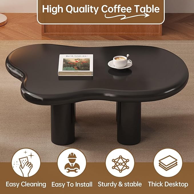 Guyii 35.43" Cloud Coffee Table, Black Coffee Table for Living Room, Cartoon Irregular Indoor Tea Table, Modern End Table with 4 Legs