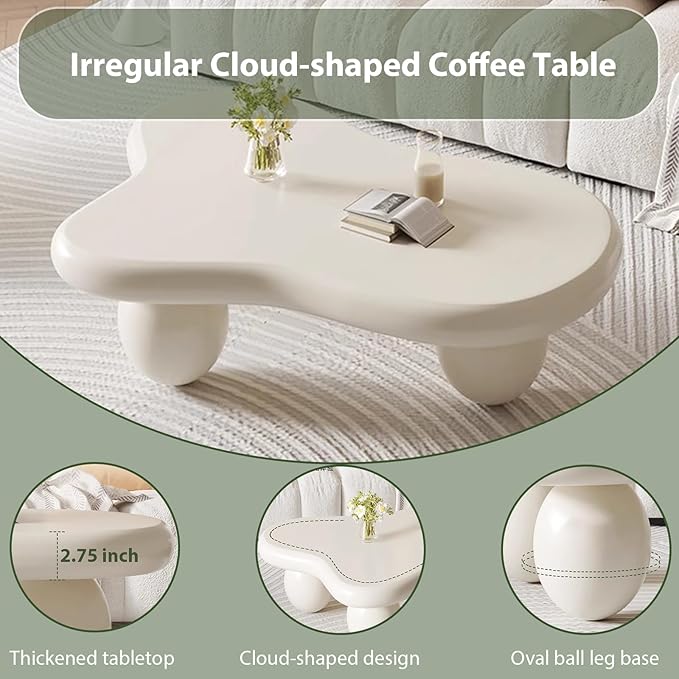 Modern Wooden Coffee Table Cloud Coffee Table Cute Central Living Room Low Table Irregular Indoor End Table with 3 Ball Legs for Living Room Bedroom (White Oval Leg b 47.2 inch)
