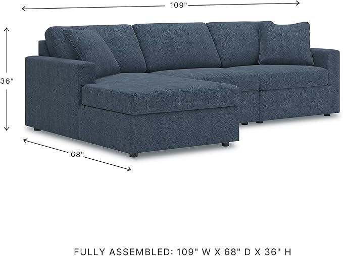Signature Design by Ashley Modmax Contemporary L-Shaped Left-Arm Facing Modular Stain Resistant 3-Piece Sectional with Chaise, Reversible Cushions and 2 Accent Pillows, Blue