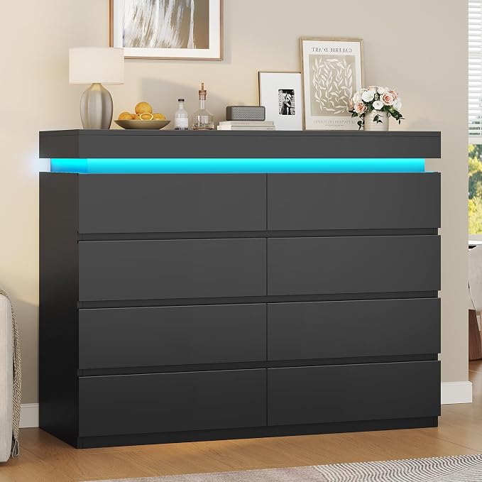 HAUOMS 8 Drawer Dresser with LED Light, Black Modern Chest of Drawers for Bedroom,Closet Dressers with Drawers for Living Room, Entryway, Hallway - Image 6