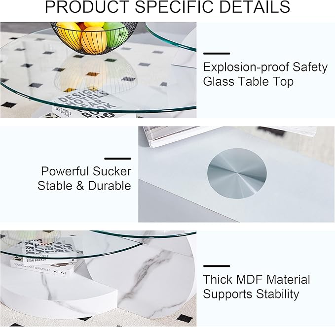 42" Glass Coffee Table, Round Coffee Table, 2-Tier Tempered Glass Tabletop with White Faux Marble Base, Modern Center Table for Living Room, Home, Apartment, Ideal for Small Space
