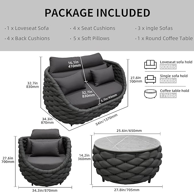 TWT 6 Pieces Patio Furniture Set, Outdoor Rope Conversation Sectional Patio Sofa with 6 Seater for Backyard, Porch, Modern Armchairs with Thickness Cushions and Side Table, Dark Grey