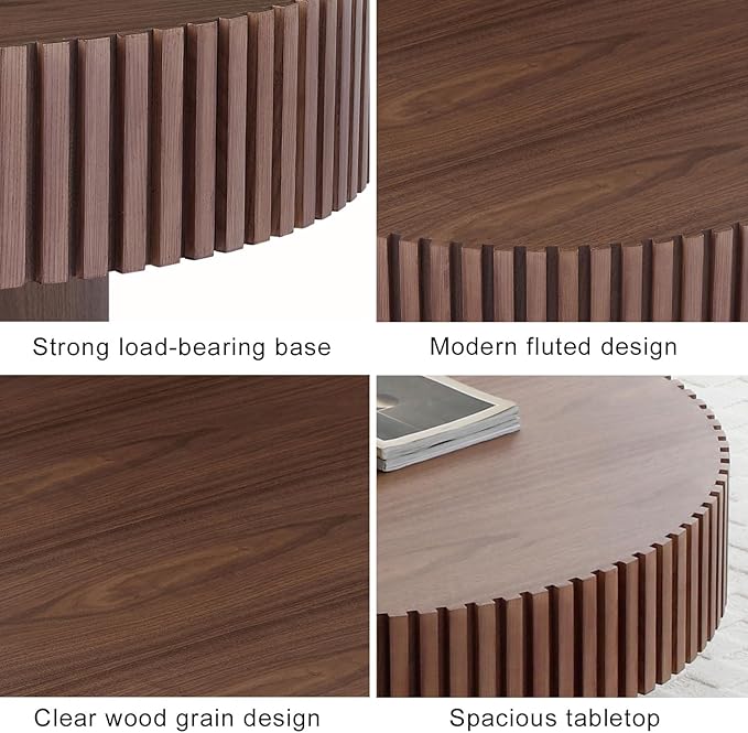 39" Round Drum Coffee Table with Sturdy Pedestal, Mid Century Modern Fluted Coffee Table, Circle Center Table Accent Tea Table for Living Room Apartment Walnut