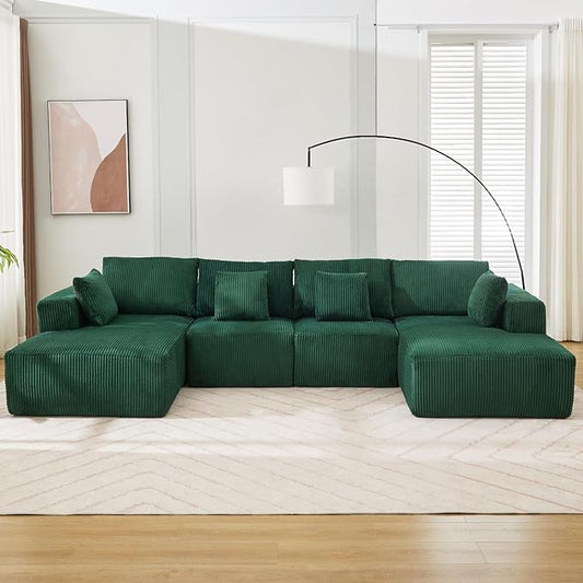 Cloud Boneless Couch 137" Modern Sectional U-Shaped Comfy No Assembly Required Convertible Compression Sleeper Modular Sofa with Corduroy Fabric Deep Seat Single + Chaise for Living Room