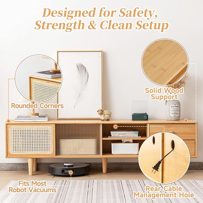 Tiita Rattan TV Stand for 55 60 Inch TV, Bamboo TV Cabinet with 2 Drawers, Boho Entertainment Center with Adjustable Shelf, Mid Century Modern Media Console for Bedroom, Living Room, Study - Image 4