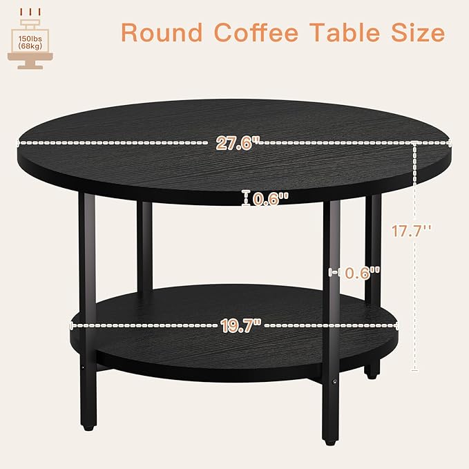 Coffee Table, 27.6“ Circle Coffee Tables for Living Room, 2 Tier Round Coffee Table with Storage, Wood Accent Center Floor Table for Bedroom, Industrial Home Office, Elegant Gray