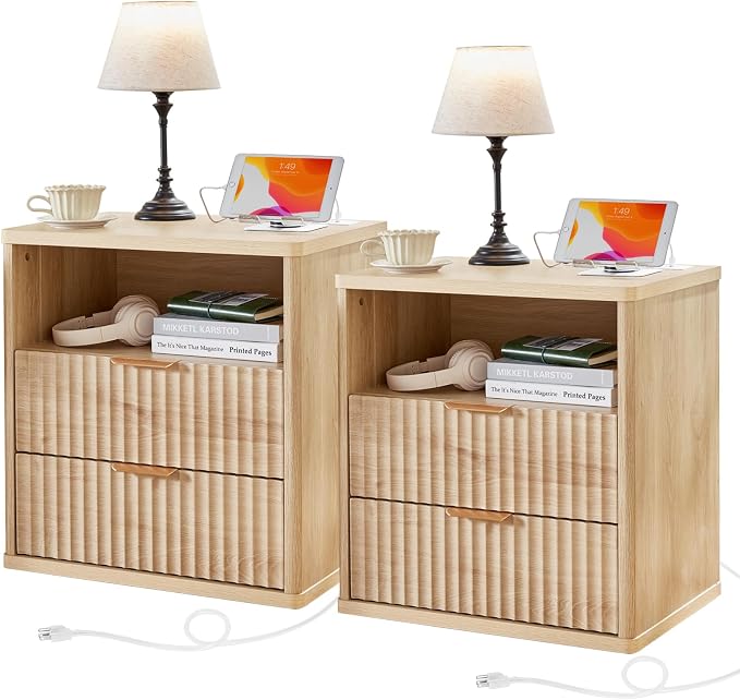 LEYAOYAO Fluted Farmhouse Nightstand Set of 2 with Charging Station, 23" Wide 2 Drawers End Table,Natural Dresser for Bedroom,Bed Side Table Chest of Drawers Cabinet,Wood Night Stand for Living Room by LEYAOYAO-Findtheshiningpointofyourideallife%EF%BC%81