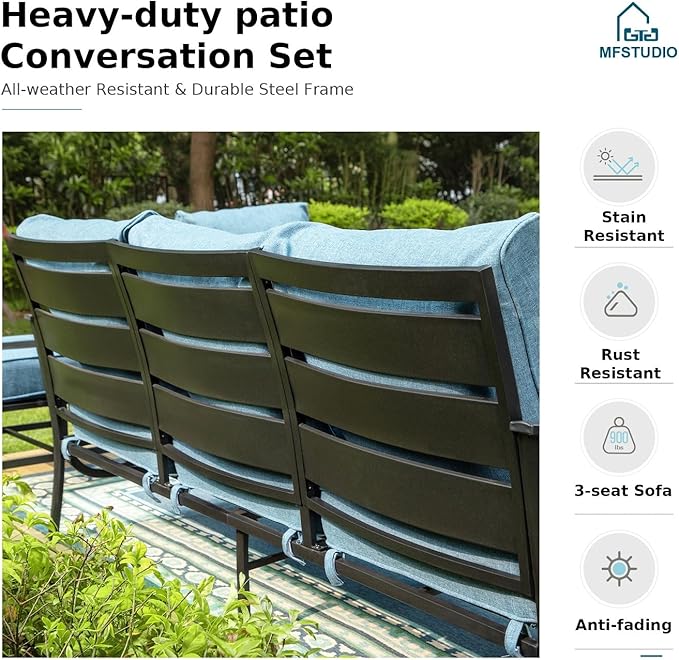 MFSTUDIO 5 Pieces Patio Conversation Sets,Outdoor Metal Furniture Sofas with 1 x 3-Seat Sofa, 2 x Swivel Chairs,2 x Ottoman,Wrought Iron Frame with Navy Cushion for Patio Courtyard Balcony