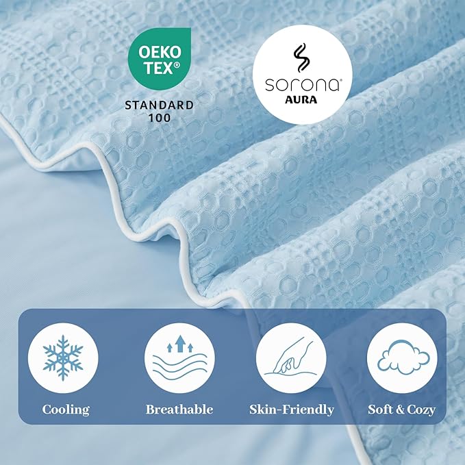 Amélie Home Waffle Cooling Comforter Twin Size, Q-Max 0.45 Reversible Lightweight Cooling Blanket for Hot Sleepers, Breathable Bedding for Night Sweats, 68"x90", Sky Blue