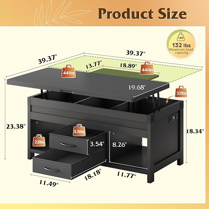 WLIVE 40" Lift Top Coffee Table, 4 in 1 Coffee Tables with Storage, 2 Fabric Drawers, LED Light and USB, Modern Coffee Table with Hidden Compartment for Living Room, Dining Room, Black