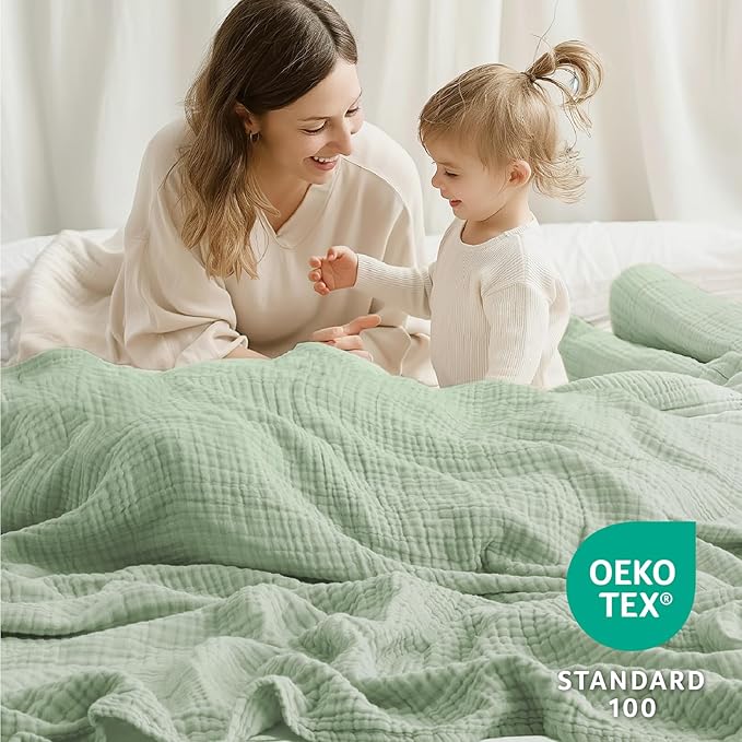 100% Cotton Muslin Blanket Twin XL 66" x 90", 6 Layers Cooling and Soft Twin Blankets for Bed, Lightweight Boho Coverlet Bedspread, Gauze Bedding for All Season, Sage Green