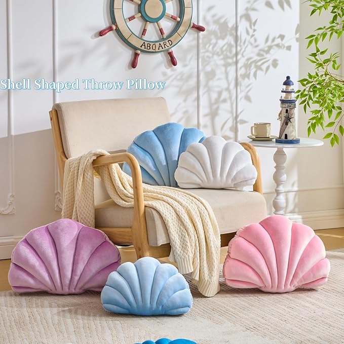 Shell Pillow，Seashell Decorative Pillow White Seashell Shaped Throw Pillows 13x10 Inch Decorative Room Decor Pillows for Couch Bed Home Decor