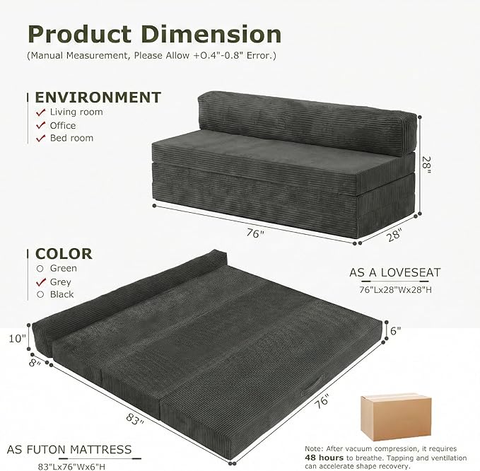 5-in-1 Convertible Sofa Bed, Boneless Loveseat Sleeper with Removable Cushions & Washable Cover,Futon Sofa Bed with Handle, Pull Out Couch for Small Spaces, King Size, Grey