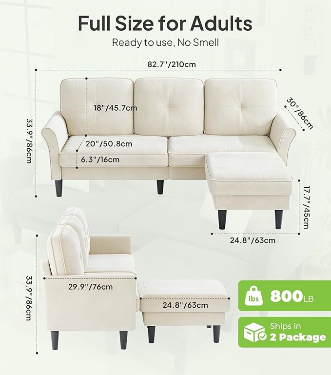 Sofas for Living Room, 83" Velvet Sectional Couch with Moveable Ottoman, Midcentury Modern Small Sectional Couch, L Shape Sofa & 2 Seater, Couches for Living Room, Apartment, Bedroom