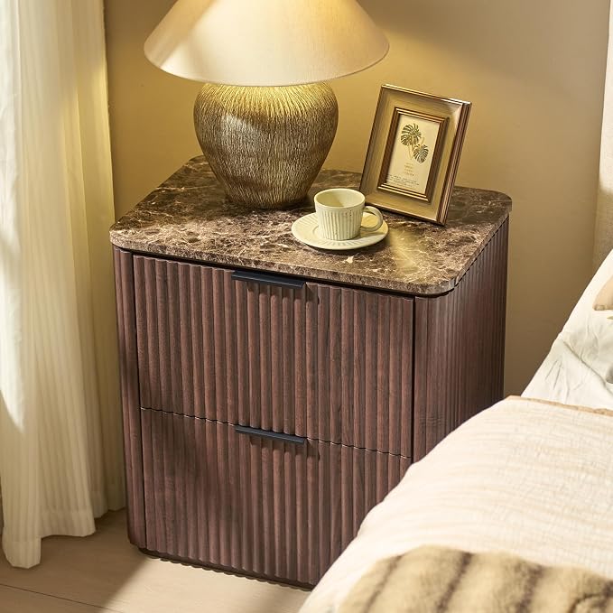 Fluted Nightstand Set of 2, 23" W Night Stand with 2 Drawers, Wood Bed Side Table with Faux Marble-Top, Curved Corner, Metal Handle, Modern Bedside Table for Bedroom, Living Room, Office, Dark Oak - Image 2