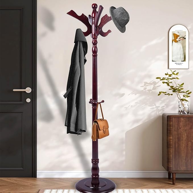Wooden Coat Rack Freestanding with 11 Hooks Bird Style, 71'' Vintage Coat Racks Tree, Adjustable Height, Coat Hanger Stand with Sturdy Base, Coat Tree Hats Hanger for Living Room, Bedroom, Entryway by PZDJUMO