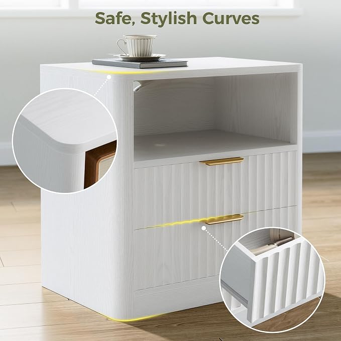 IRONCK Fluted Night Stand Set of 2, Modern Nightstand with Charging Station, Drawers and Open Shelves - Bedside Table Wood Side Table Set for Bedroom, White - Image 4