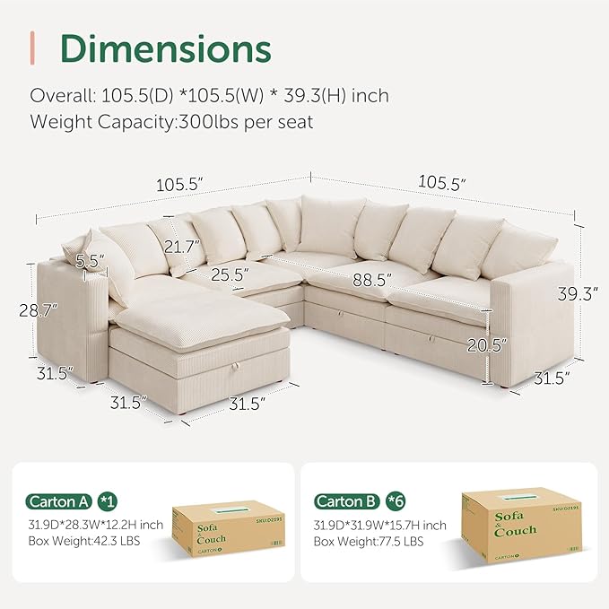 HONBAY Modular Sectional Sofa, 6 Seat U Shaped Corduroy Couch with Storage & Pillows, Convertible Sectional Couches for Living Room, Beige
