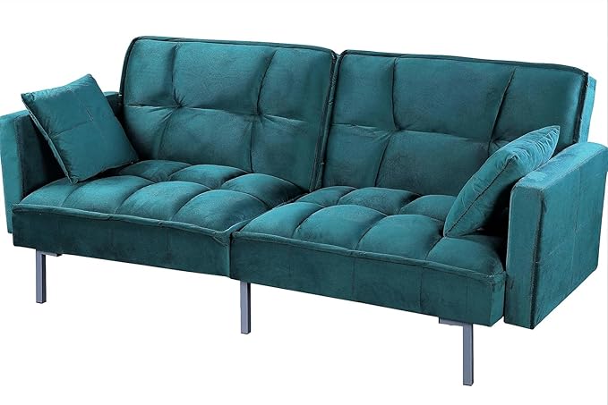 Regal 75.6" Velvet Convertible Sofa Bed - Mid-Century Sleeper Couch w/Tufted Design & Metal Legs - Pull-Out Futon for Guests/Home (75.6" W x 34.6" D x 32" H), Blue