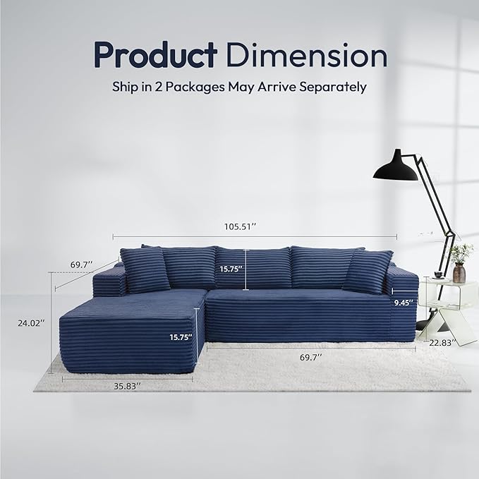 Cloud Sectional Couch, 105" Modular Sectional Sofa with Right Chaise Lounge, Modern Modular L-Shape Sofa with Pillows & Deep Seat, Boneless Couches for Living Room Bedroom, Dark Blue
